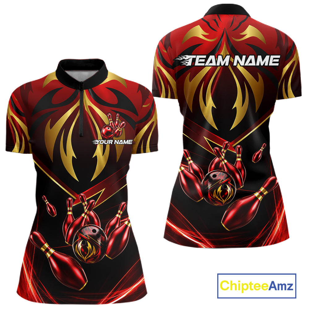 Women's quarter-zip bowling jersey featuring explosive red and gold lightning effects, premium tournament apparel symbolizing determination, ambition and competitive excellence.