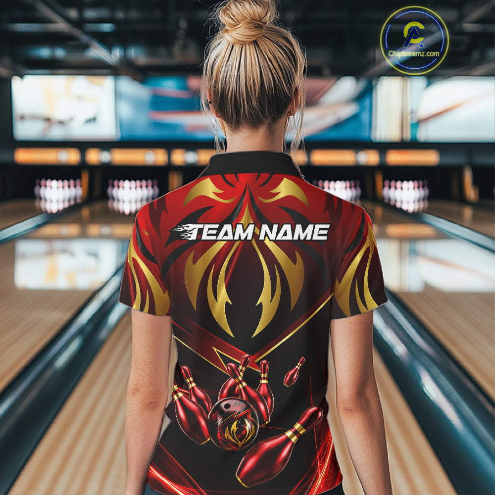 Female bowler wearing red gold lightning bowling jersey during tournament competition, personalized athletic apparel symbolizing confidence, determination and success.