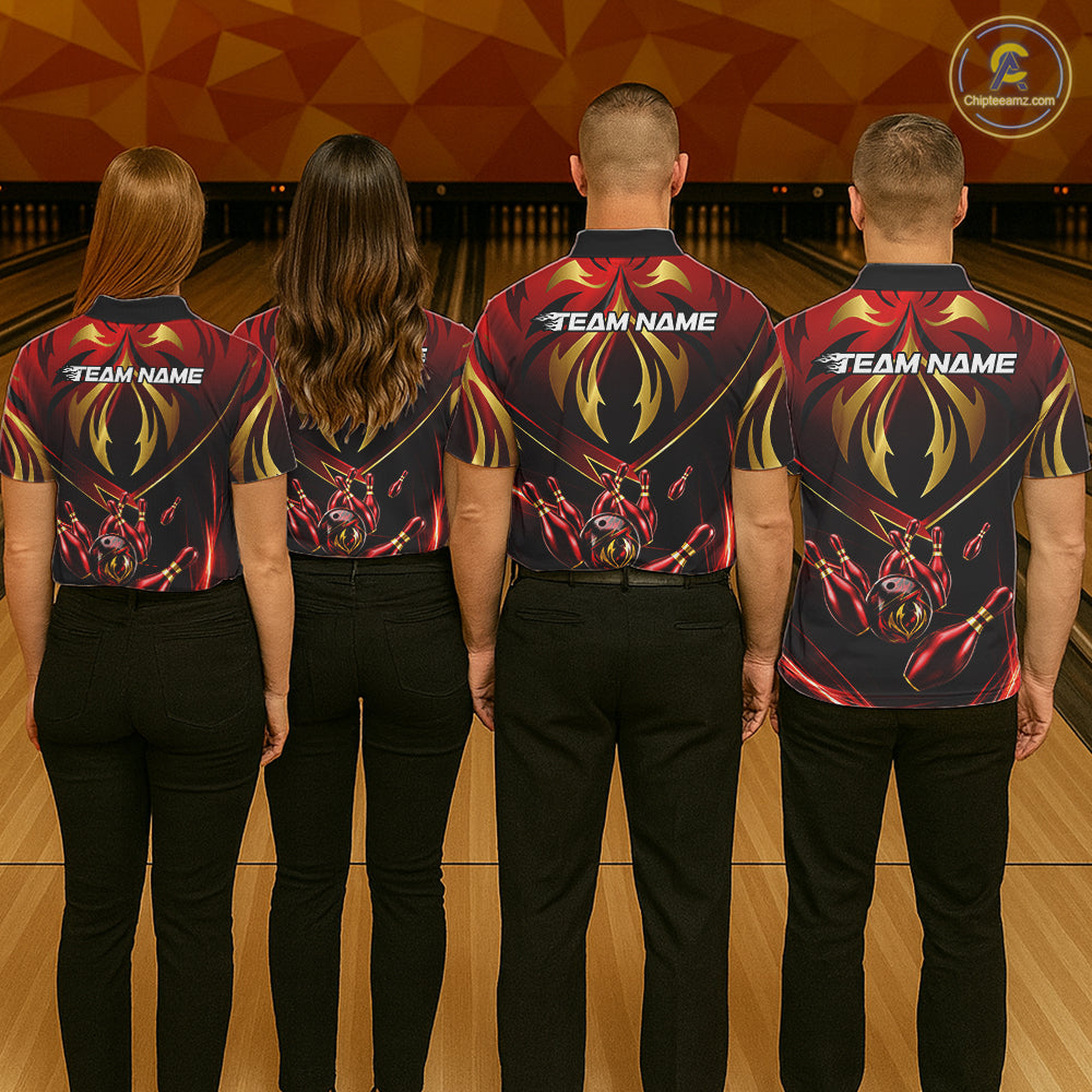Bowling team wearing matching red gold lightning jerseys during tournament finals, representing unity, teamwork, momentum, resilience and victory.