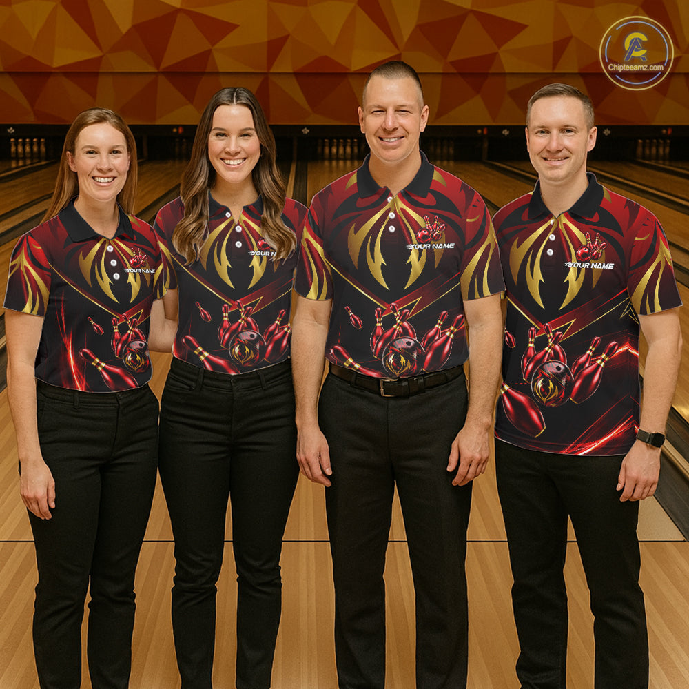 Bowling team wearing matching red gold lightning jerseys during tournament finals, representing unity, teamwork, momentum, resilience and victory.