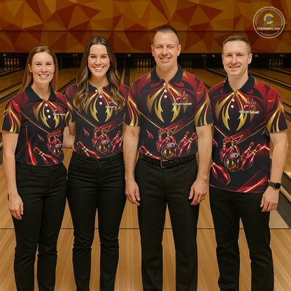 Bowling team wearing matching red gold lightning jerseys during tournament finals, representing unity, teamwork, momentum, resilience and victory.