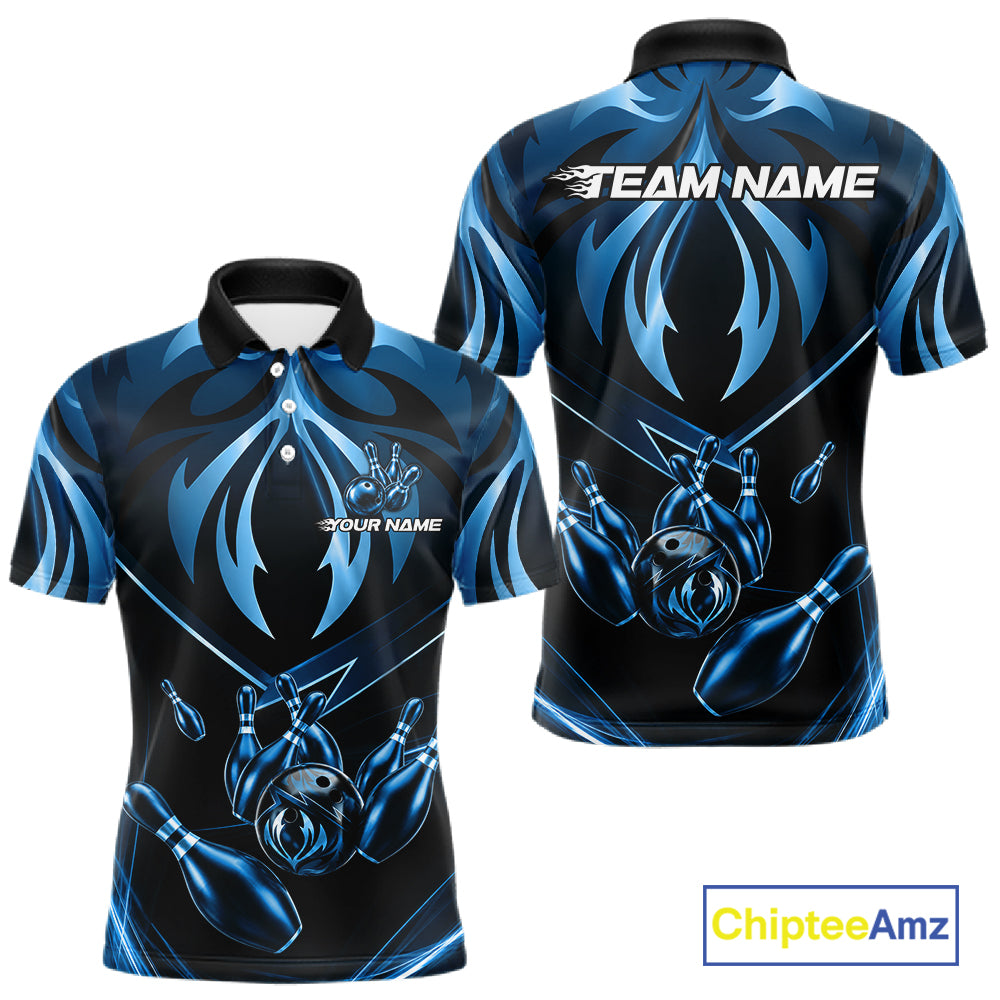 Men's bowling polo featuring blue lightning strike artwork with bowling graphics, personalized bowling apparel for technology enthusiasts, gamers, engineers and tournament bowlers, symbolizing focus, intelligence, clarity and precision.