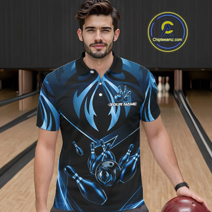 Male bowler wearing blue lightning bowling jersey during USBC tournament, premium sportswear for gamers and technology professionals, symbolizing confidence, intelligence and leadership