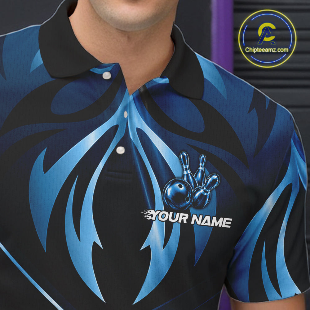 Male bowler wearing blue lightning bowling jersey during USBC tournament, premium sportswear for gamers and technology professionals, symbolizing confidence, intelligence and leadership