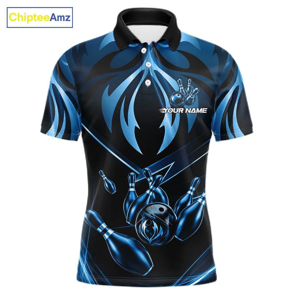 Men's bowling polo featuring blue lightning strike artwork with bowling graphics, personalized bowling apparel for technology enthusiasts, gamers, engineers and tournament bowlers, symbolizing focus, intelligence, clarity and precision.