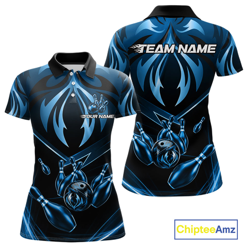 Women's bowling polo featuring blue lightning strike graphics, personalized bowling shirt for technology lovers, gamers, science enthusiasts and league bowlers, symbolizing focus, intelligence, clarity and discipline.