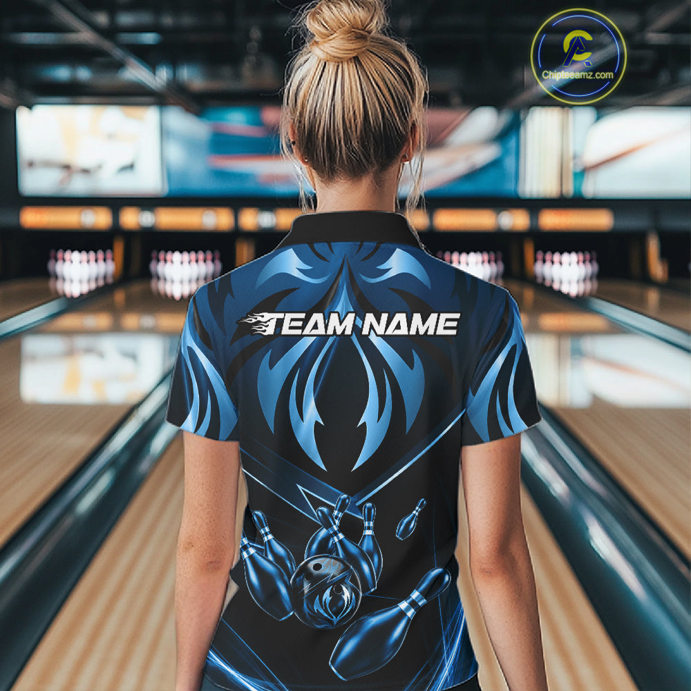 Female bowler wearing blue lightning bowling jersey during league event, custom athletic apparel representing precision, focus and resilience.