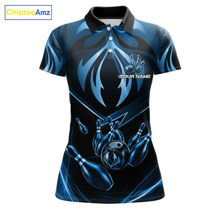 Women's bowling polo featuring blue lightning strike graphics, personalized bowling shirt for technology lovers, gamers, science enthusiasts and league bowlers, symbolizing focus, intelligence, clarity and discipline.