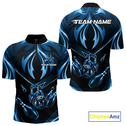 Men's quarter-zip bowling jersey featuring blue lightning strike design, moisture-wicking bowling tournament apparel representing consistency, teamwork and excellence.