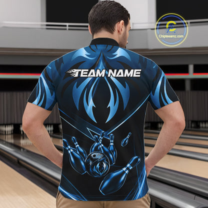 Male bowler wearing blue lightning bowling jersey during USBC tournament, premium sportswear for gamers and technology professionals, symbolizing confidence, intelligence and leadership