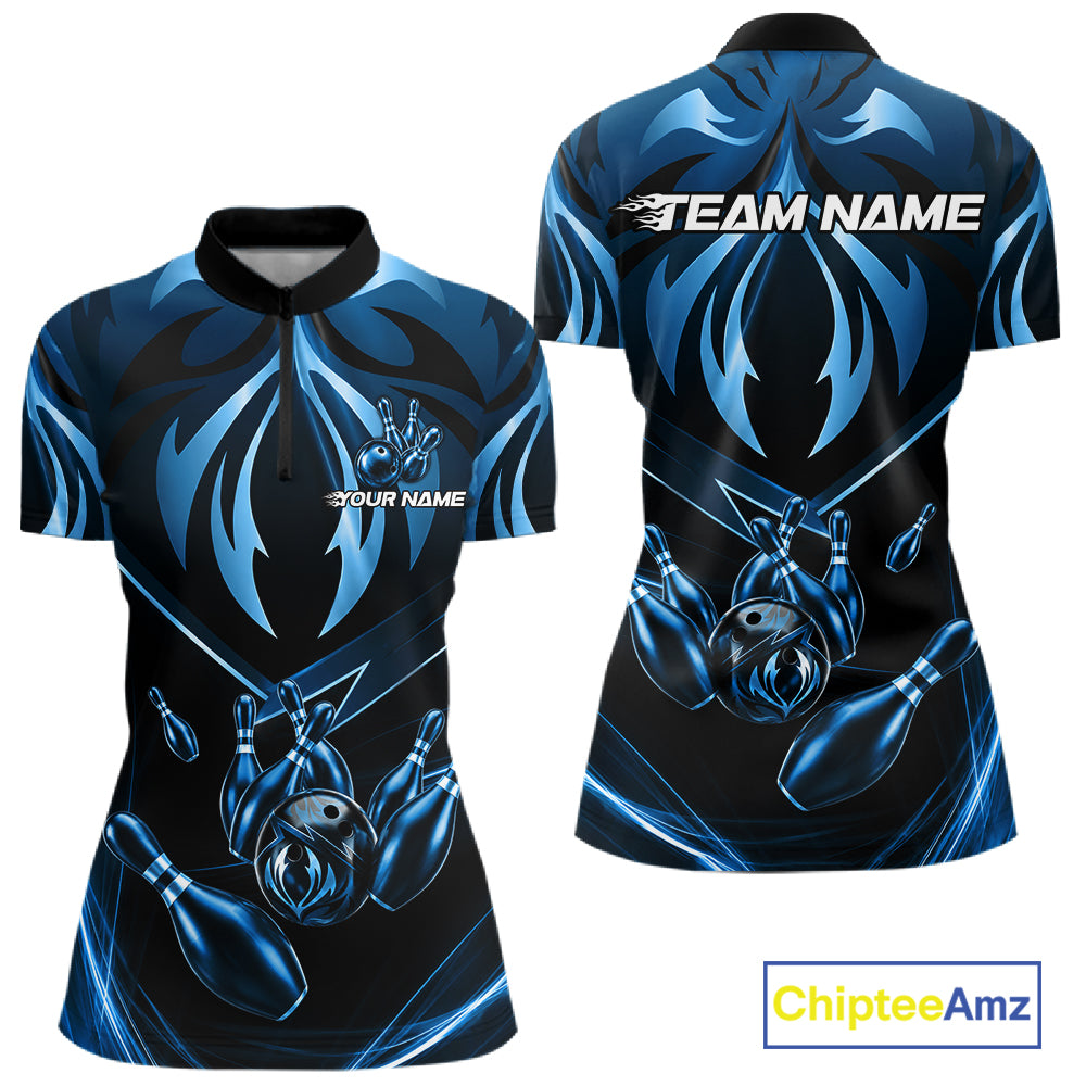 Women's quarter-zip bowling jersey featuring electric blue lightning artwork, premium performance apparel for bowling clubs and tournaments, representing balance, consistency and excellence