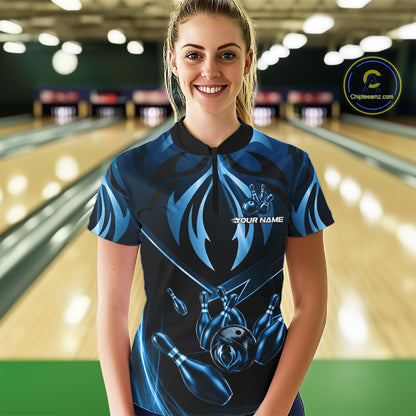 Female bowler wearing blue lightning bowling jersey during league event, custom athletic apparel representing precision, focus and resilience.