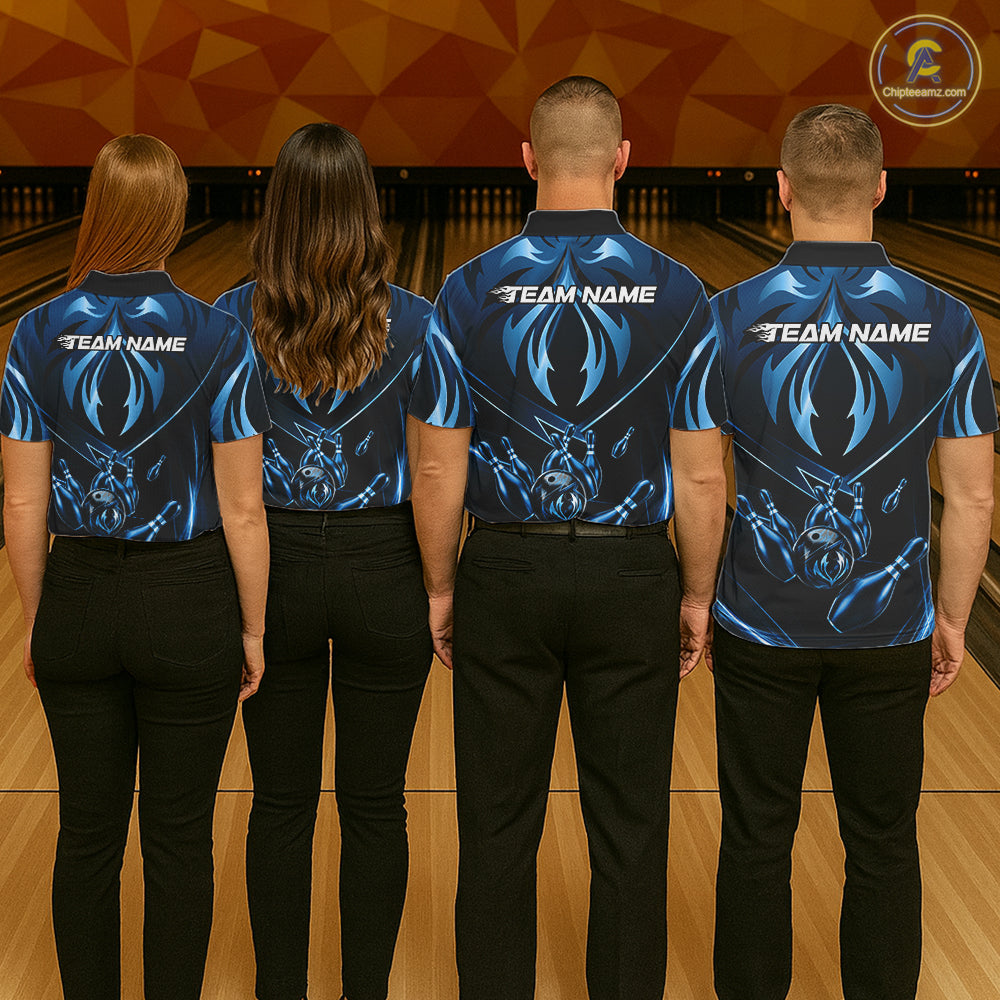 Bowling team wearing matching blue lightning jerseys during championship competition, representing unity, teamwork, discipline and competitive excellence.