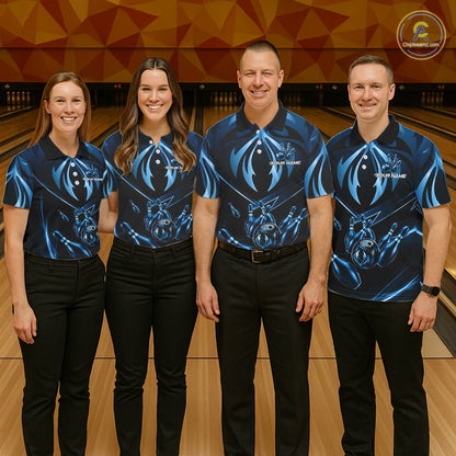 Bowling team wearing matching blue lightning jerseys during championship competition, representing unity, teamwork, discipline and competitive excellence.