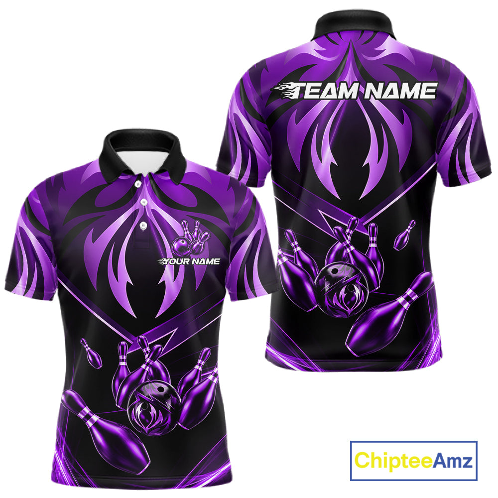 Men's bowling polo featuring purple lightning strike graphics, personalized tournament bowling shirt for fantasy lovers, galaxy enthusiasts, digital artists and creative athletes, symbolizing creativity, wisdom, transformation and ambition.