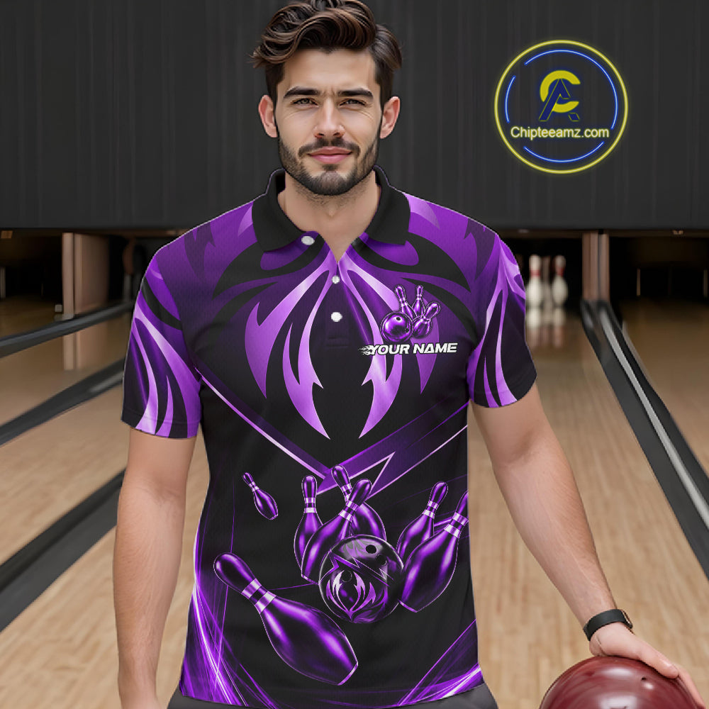 Male bowler wearing purple lightning bowling jersey during championship tournament, premium athletic apparel representing confidence, ambition and leadership.
