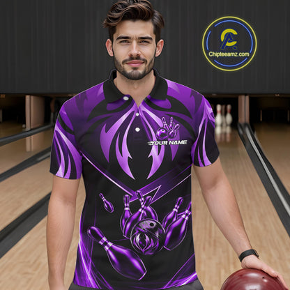 Male bowler wearing purple lightning bowling jersey during championship tournament, premium athletic apparel representing confidence, ambition and leadership.