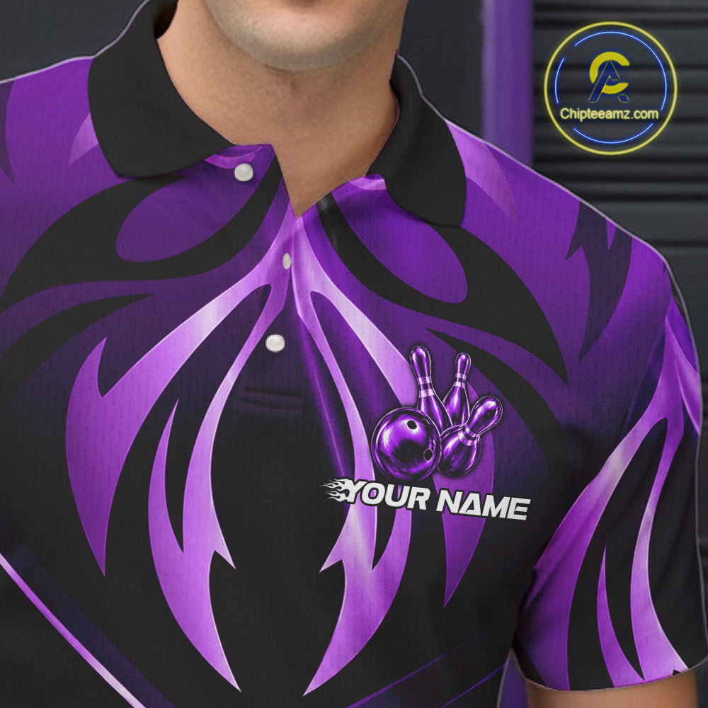 Male bowler wearing purple lightning bowling jersey during championship tournament, premium athletic apparel representing confidence, ambition and leadership.