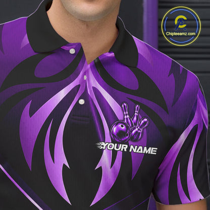 Male bowler wearing purple lightning bowling jersey during championship tournament, premium athletic apparel representing confidence, ambition and leadership.