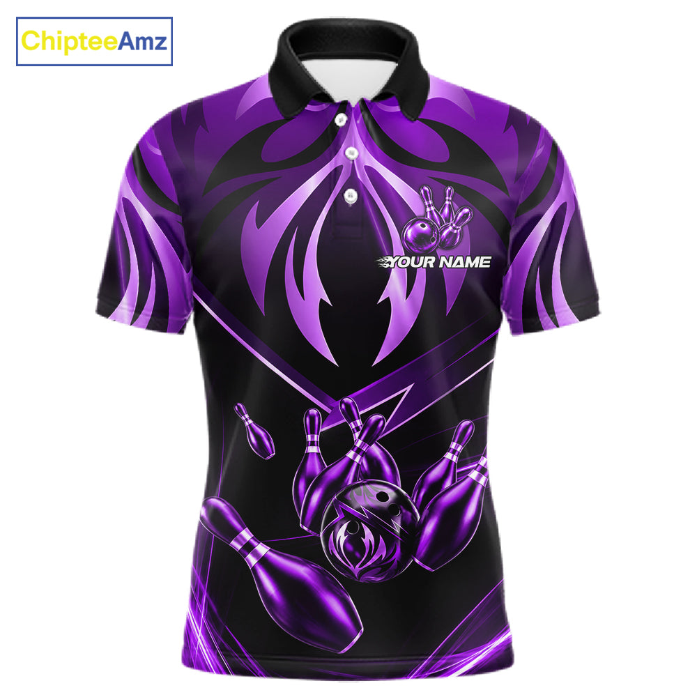 Men's bowling polo featuring purple lightning strike graphics, personalized tournament bowling shirt for fantasy lovers, galaxy enthusiasts, digital artists and creative athletes, symbolizing creativity, wisdom, transformation and ambition.