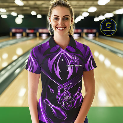Female bowler wearing purple lightning bowling jersey during bowling championship, custom sportswear symbolizing creativity, confidence and championship spirit.