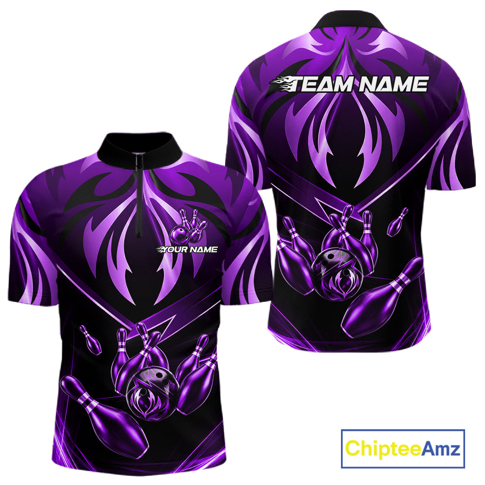 Men's quarter-zip bowling jersey featuring purple lightning effects, premium tournament apparel representing innovation, resilience and championship excellence.