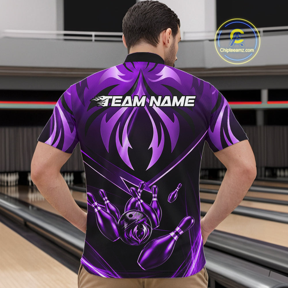 Male bowler wearing purple lightning bowling jersey during championship tournament, premium athletic apparel representing confidence, ambition and leadership.