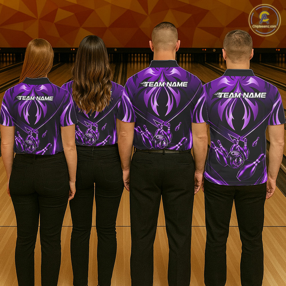 Mixed bowling team wearing matching purple lightning jerseys, personalized team uniforms representing unity, innovation, teamwork and lasting success.