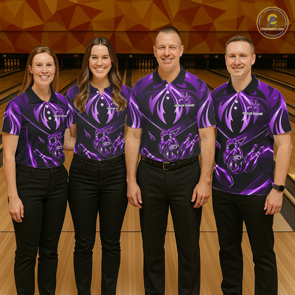 Mixed bowling team wearing matching purple lightning jerseys, personalized team uniforms representing unity, innovation, teamwork and lasting success.
