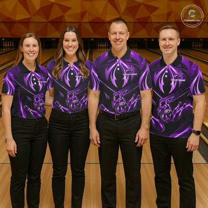 Mixed bowling team wearing matching purple lightning jerseys, personalized team uniforms representing unity, innovation, teamwork and lasting success.