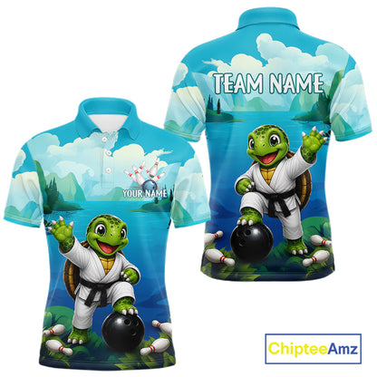 Men's bowling polo featuring funny ocean turtle with bowling graphics, personalized bowling apparel for sea turtle lovers, scuba divers, beach lovers and marine wildlife enthusiasts, symbolizing wisdom, longevity, patience and perseverance.