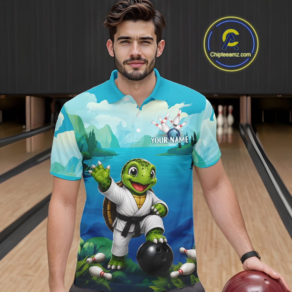 Male bowler wearing ocean turtle bowling jersey during USBC tournament, premium athletic apparel representing wisdom, confidence and resilience.