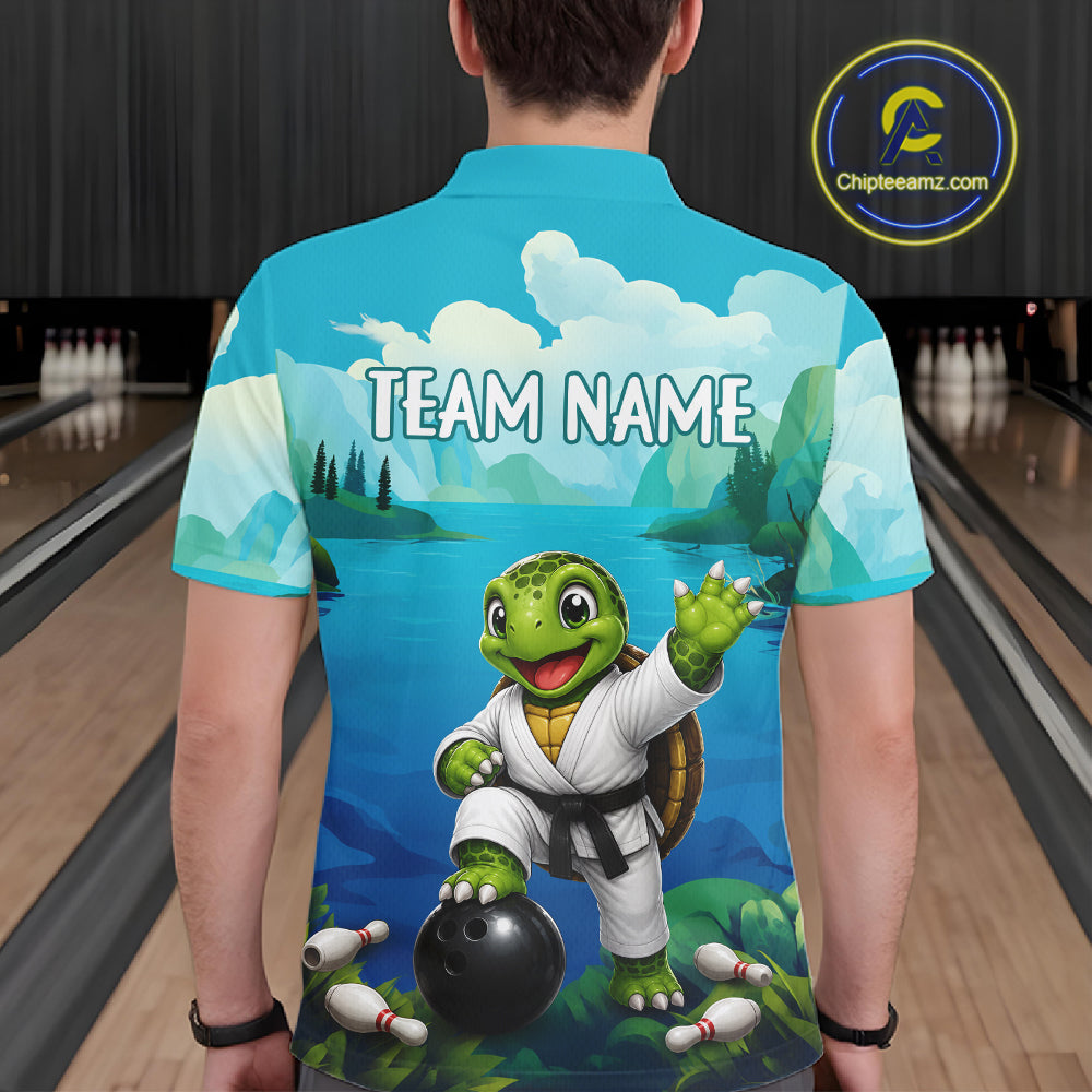 Male bowler wearing ocean turtle bowling jersey during USBC tournament, premium athletic apparel representing wisdom, confidence and resilience.
