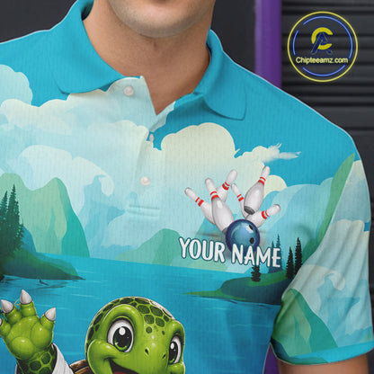 Male bowler wearing ocean turtle bowling jersey during USBC tournament, premium athletic apparel representing wisdom, confidence and resilience.