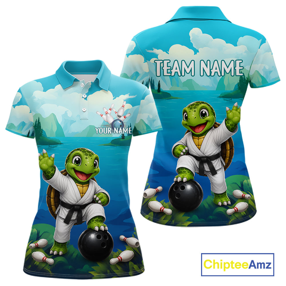 Women's bowling polo featuring funny ocean turtle with bowling graphics, personalized bowling apparel for sea turtle lovers, beach lovers and marine wildlife enthusiasts, symbolizing longevity, patience, wisdom and protection.