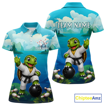 Women's bowling polo featuring funny ocean turtle with bowling graphics, personalized bowling apparel for sea turtle lovers, beach lovers and marine wildlife enthusiasts, symbolizing longevity, patience, wisdom and protection.