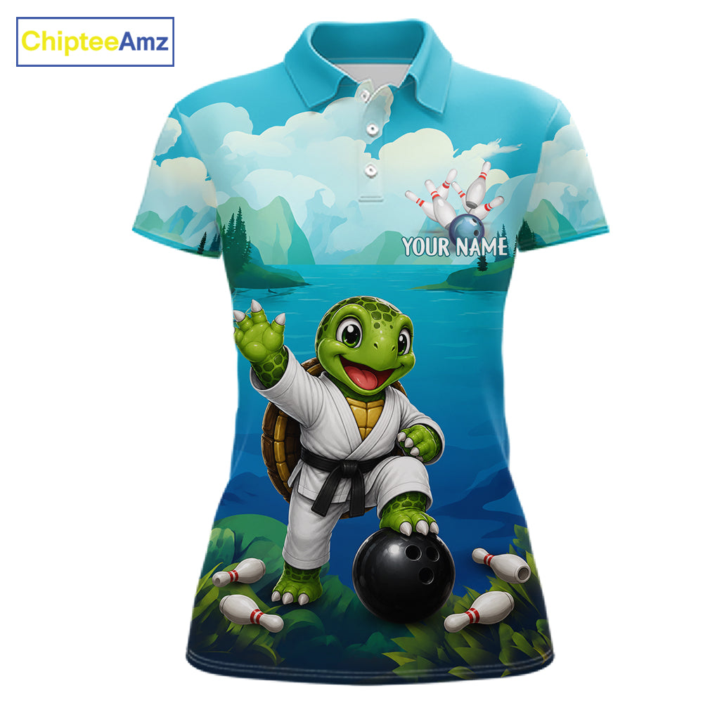 Women's bowling polo featuring funny ocean turtle with bowling graphics, personalized bowling apparel for sea turtle lovers, beach lovers and marine wildlife enthusiasts, symbolizing longevity, patience, wisdom and protection.