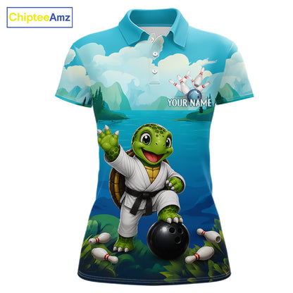 Women's bowling polo featuring funny ocean turtle with bowling graphics, personalized bowling apparel for sea turtle lovers, beach lovers and marine wildlife enthusiasts, symbolizing longevity, patience, wisdom and protection.