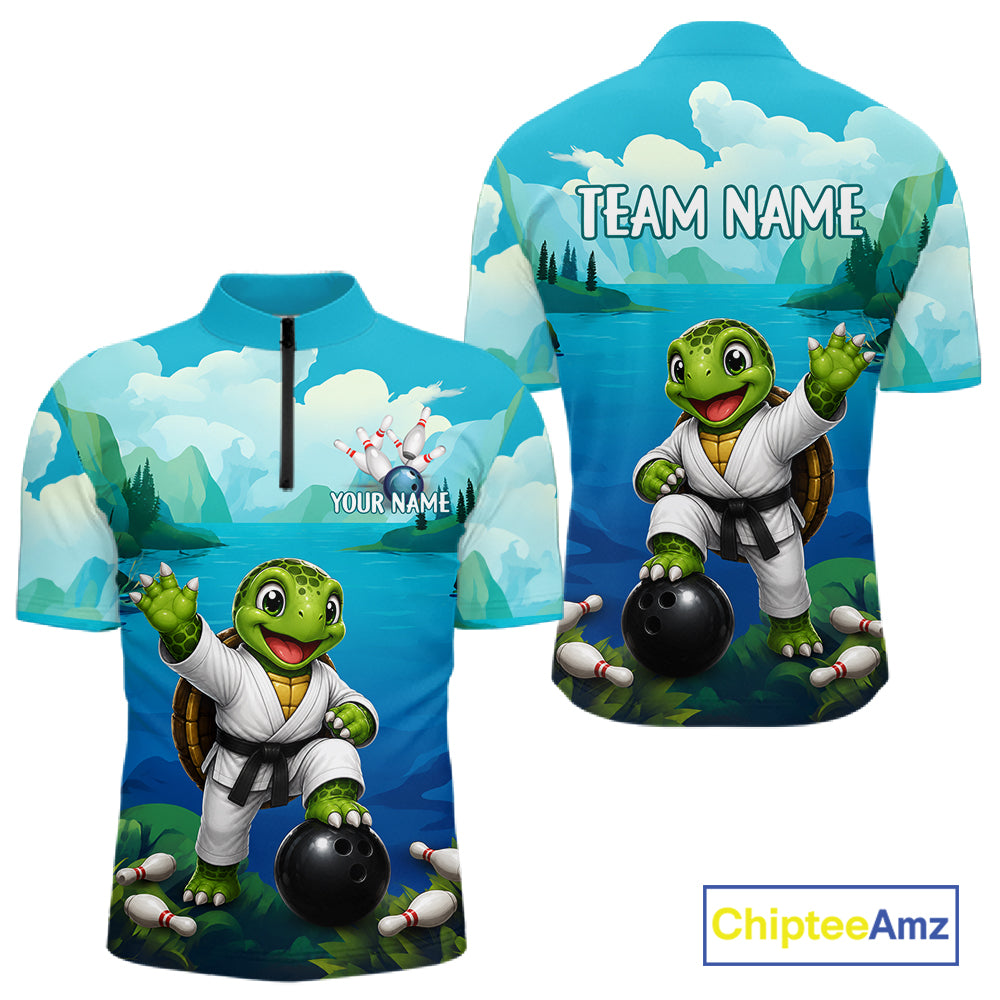 Men's quarter-zip bowling jersey featuring sea turtle artwork, premium tournament bowling apparel representing steady progress, teamwork and protection.