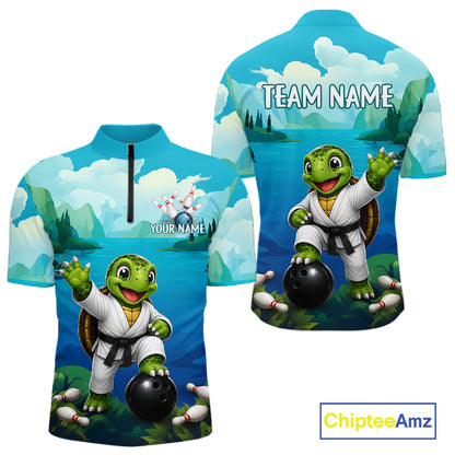 Men's quarter-zip bowling jersey featuring sea turtle artwork, premium tournament bowling apparel representing steady progress, teamwork and protection.