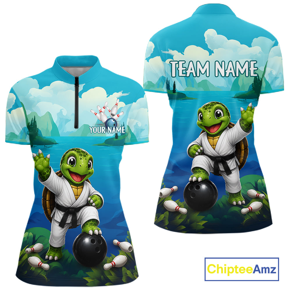 Women's quarter-zip bowling jersey featuring sea turtle artwork, premium bowling apparel for tournaments and bowling clubs, symbolizing peace, endurance and personal growth.
