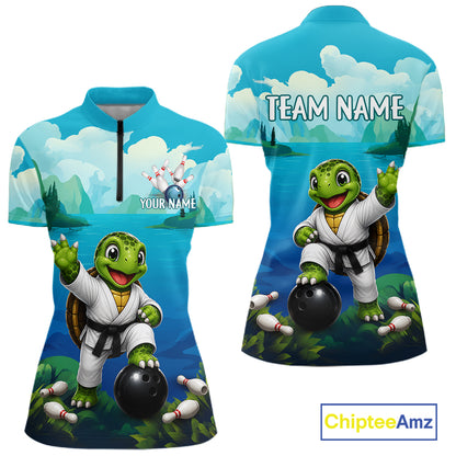 Women's quarter-zip bowling jersey featuring sea turtle artwork, premium bowling apparel for tournaments and bowling clubs, symbolizing peace, endurance and personal growth.