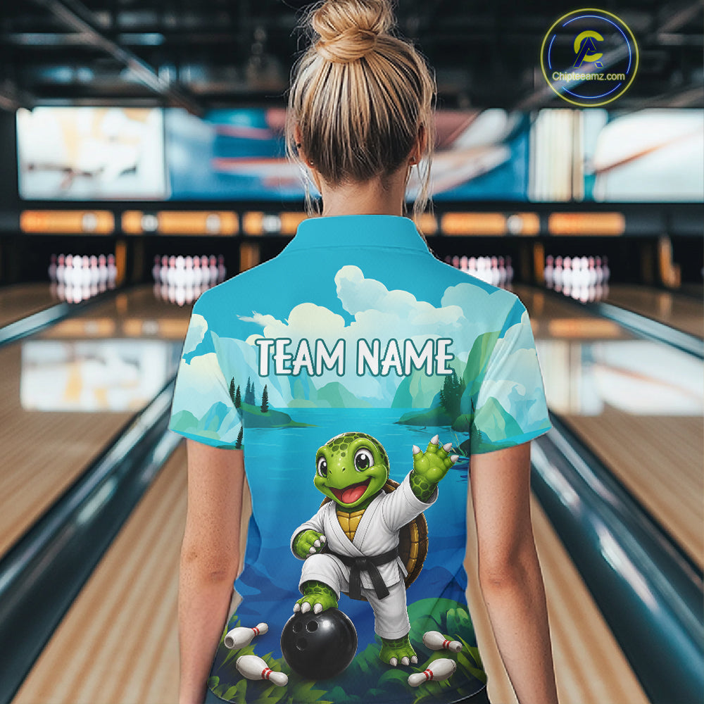 Female bowler wearing sea turtle bowling jersey during league play, personalized athletic apparel representing calmness, patience and determination.