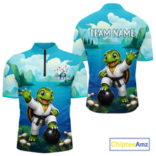 Load image into Gallery viewer, Men's quarter-zip bowling jersey featuring sea turtle artwork, premium tournament bowling apparel representing steady progress, teamwork and protection.
