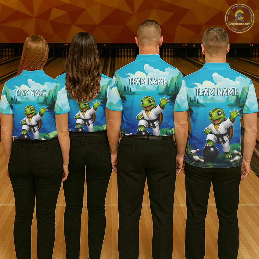 Bowling team wearing matching ocean turtle jerseys during tournament competition, representing unity, friendship, harmony and long-term success.