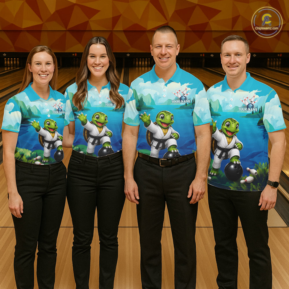 Bowling team wearing matching ocean turtle jerseys during tournament competition, representing unity, friendship, harmony and long-term success.