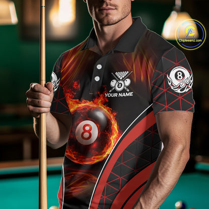 Red Flames Pool 8 Ball Men Billiard Polo & 1/4-Zip Shirts Custom Billiard Team Shirt Designs NYN2404