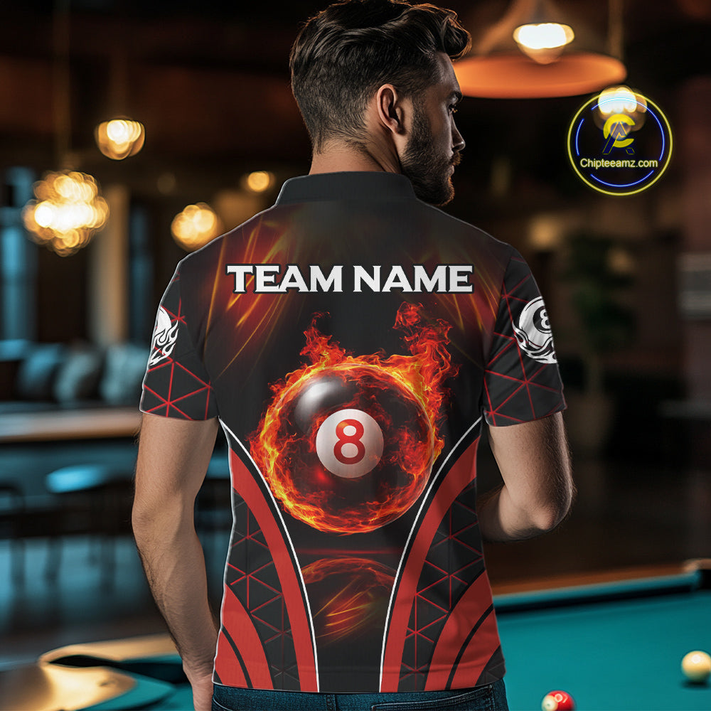 Red Flames Pool 8 Ball Men Billiard Polo & 1/4-Zip Shirts Custom Billiard Team Shirt Designs NYN2404