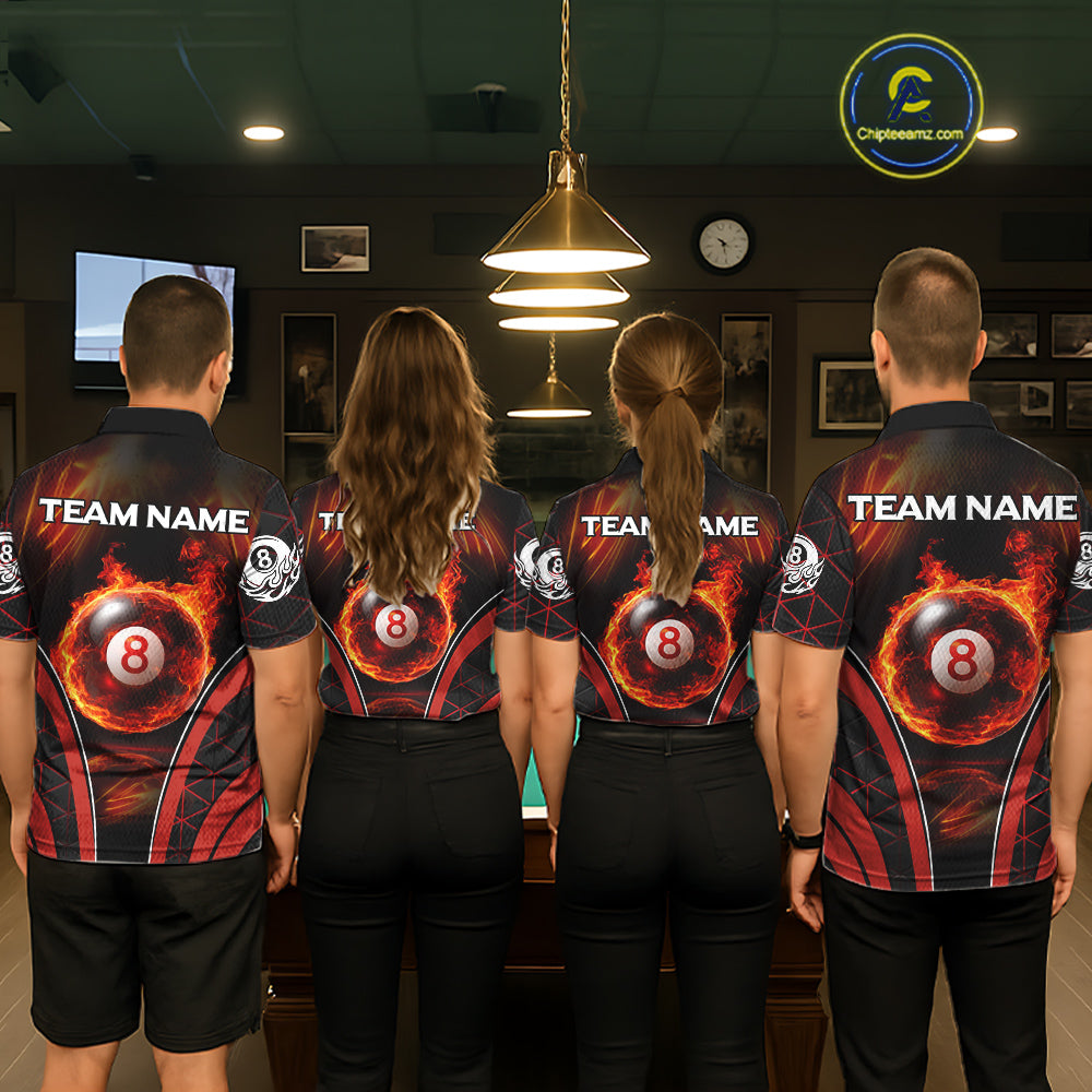 Red Flames Pool 8 Ball Men Billiard Polo & 1/4-Zip Shirts Custom Billiard Team Shirt Designs NYN2404