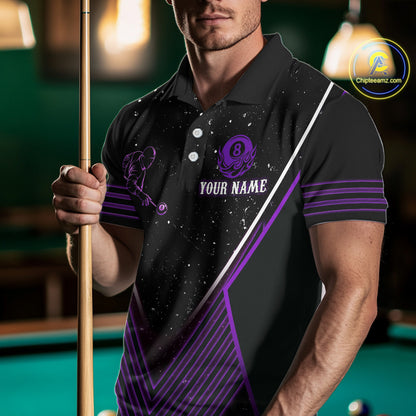 Purple Flames Smoke 8 Ball Pool Men Billiard Polo & 1/4-Zip Attire Custom Billiard Shirt Designs NYN2409